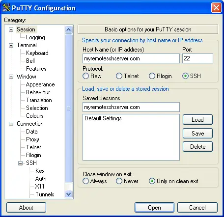 Putty session configuration window with initial fields populated
